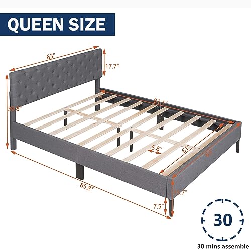 Queen Size Linen Platform Bed Frame with Upholstered Headboard, Modern Elegant Platform Bed with Strong Wood Slats Support & Easy Assemble for Bedroom Girls, No Box Spring Needed (Queen, Gray)