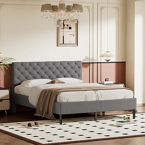 Queen Size Linen Platform Bed Frame with Upholstered Headboard, Modern Elegant Platform Bed with Strong Wood Slats Support & Easy Assemble for Bedroom Girls, No Box Spring Needed (Queen, Gray)