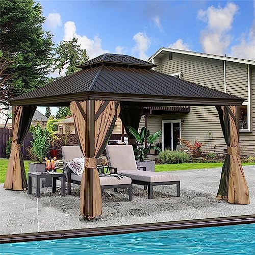 12'x14' Hardtop Gazebo, Outdoor Aluminum Frame Canopy with Galvanized Steel Double Roof, Outdoor Permanent Metal Pavilion with Curtains and Netting for Patio, Backyard and Lawn(Brown)