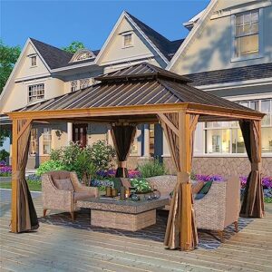 12'x12' hardtop gazebo, wooden coated aluminum frame canopy with galvanized steel double roof, outdoor permanent metal pavilion with curtains and netting for patio, deck and lawn(wood-looking)