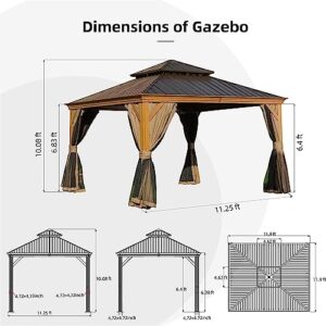 12'x12' Hardtop Gazebo, Wooden Coated Aluminum Frame Canopy with Galvanized Steel Double Roof, Outdoor Permanent Metal Pavilion with Curtains and Netting for Patio, Deck and Lawn(Wood-Looking)