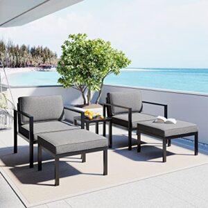 biadnbz 5-piece outdoor patio furniture set for 4,uv-resistant aluminum alloy conversation sofa chairs with coffee table and stools for poolside, garden, black frame+gray cushion