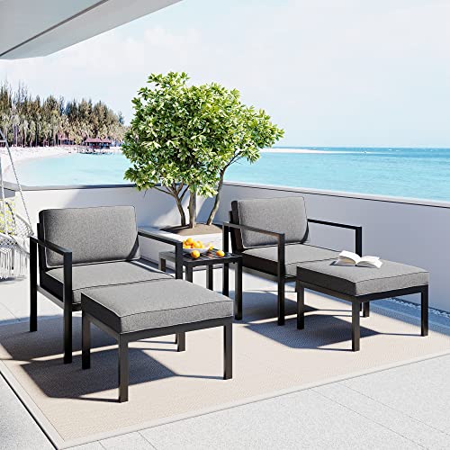 BIADNBZ 5-Piece Outdoor Patio Furniture Set for 4,UV-Resistant Aluminum Alloy Conversation Sofa Chairs with Coffee Table and Stools for Poolside, Garden, Black Frame+Gray Cushion