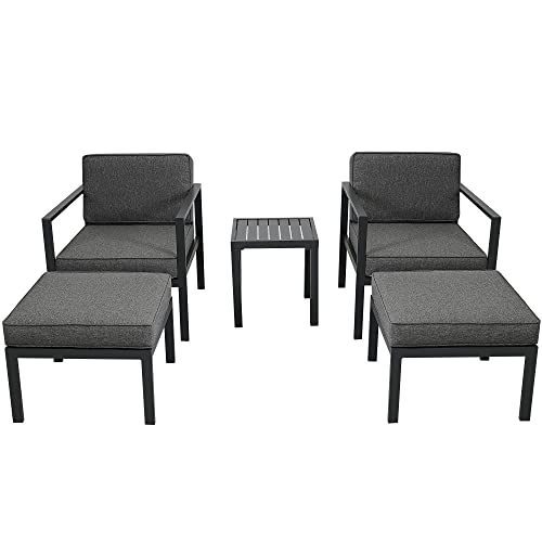 BIADNBZ 5-Piece Outdoor Patio Furniture Set for 4,UV-Resistant Aluminum Alloy Conversation Sofa Chairs with Coffee Table and Stools for Poolside, Garden, Black Frame+Gray Cushion