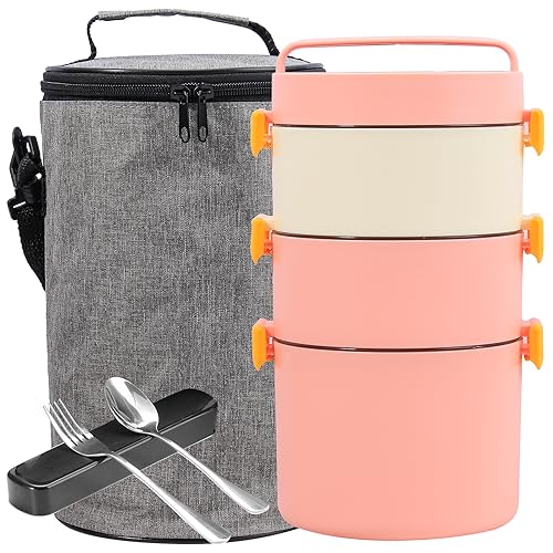 SHUCHENGMAOYI Insulated Food Container,Bento Stackable Lunch Box,3 Layers stainless steel bento lunch box thermal bento box Leakproof Food Storage Container with Lunch Bag & Cutlery (Pink824)