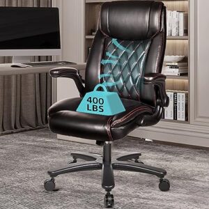 Ollega Big and Tall Office Chair 400lbs, High Back Executive Office Chair for Heavy People, Ergonomic Leather Computer Chair with Flip up Arms, Lumbar Support, Black Home Office Desk Chair