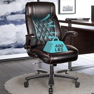 ollega big and tall office chair 400lbs, high back executive office chair for heavy people, ergonomic leather computer chair with flip up arms, lumbar support, black home office desk chair
