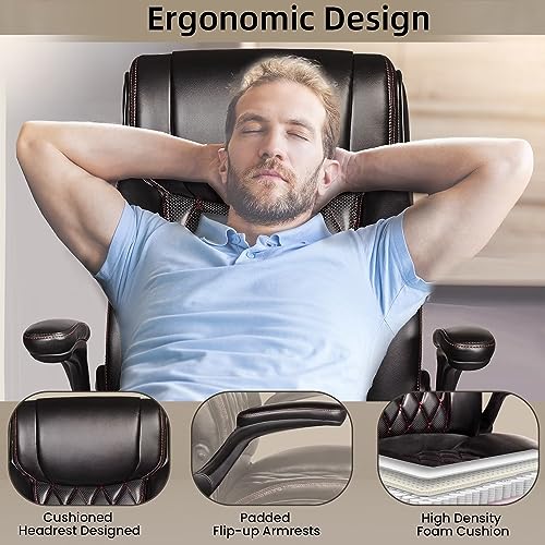 Ollega Big and Tall Office Chair 400lbs, High Back Executive Office Chair for Heavy People, Ergonomic Leather Computer Chair with Flip up Arms, Lumbar Support, Black Home Office Desk Chair