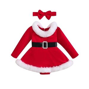 Baby Girls Christmas Romper Dress Cute Furry Long Sleeve Bodysuit Tutu Skirt Velvet Xmas Outfits Winter Clothes (Red Furry Dress, 3-6 Months)