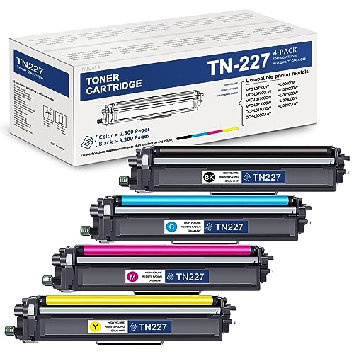 4 Pack TN227 BK/C/M/Y Toner Cartridge High Yield (TN-227BK, TN-227C, TN-227M, TN-227Y) Replacement for Brother TN-227 Works with MFC-L3710CW MFC-L3770CDW HL-3210CW HL-3270CDW Printer Toner