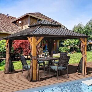 12'x12' hardtop gazebo, outdoor cedar wood frame canopy with galvanized steel double roof, outdoor permanent metal pavilion with curtains and netting for patio, backyard and lawn(brown)