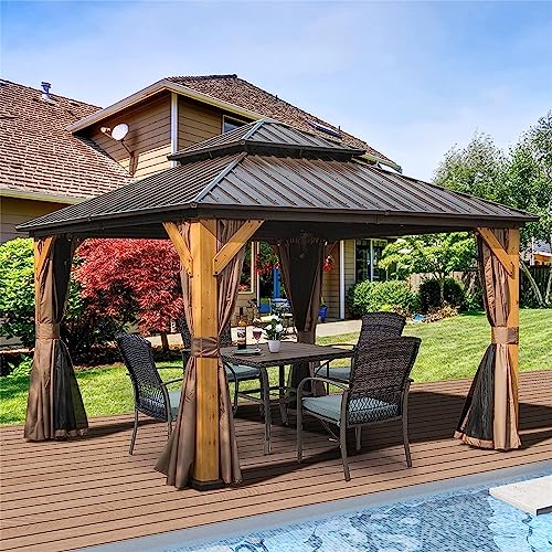 12'x12' Hardtop Gazebo, Outdoor Cedar Wood Frame Canopy with Galvanized Steel Double Roof, Outdoor Permanent Metal Pavilion with Curtains and Netting for Patio, Backyard and Lawn(Brown)