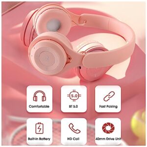 Headphones Wireless Bluetooth Stereo Foldable Lightweight Headset Earphone Wireless Over Ear Sport Earphone Noise Canceling Micro Headset Hands Free MP3 Player (Pink)