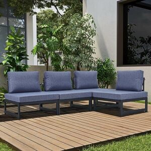 tome patio furniture set, outdoor conversation sectional sofa set with oak ottoman, aluminum frame and seat cushion for garden backyard porch (4pcs sofa)