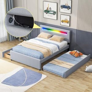 siysnksi queen size upholstered platform bed with twin size trundle and 2 drawers, storage platform bed with led and usb charging for kids teens adults bedroom (gray-003)