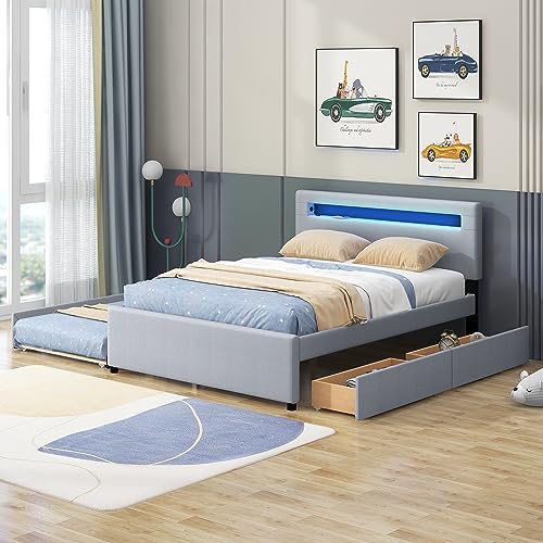 SIYSNKSI Queen Size Upholstered Platform Bed with Twin Size Trundle and 2 Drawers, Storage Platform Bed with LED and USB Charging for Kids Teens Adults Bedroom (Gray-003)
