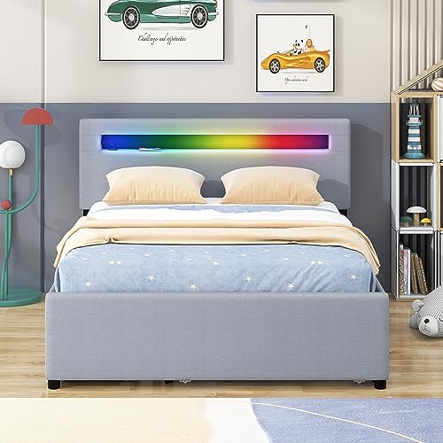 SIYSNKSI Queen Size Upholstered Platform Bed with Twin Size Trundle and 2 Drawers, Storage Platform Bed with LED and USB Charging for Kids Teens Adults Bedroom (Gray-003)