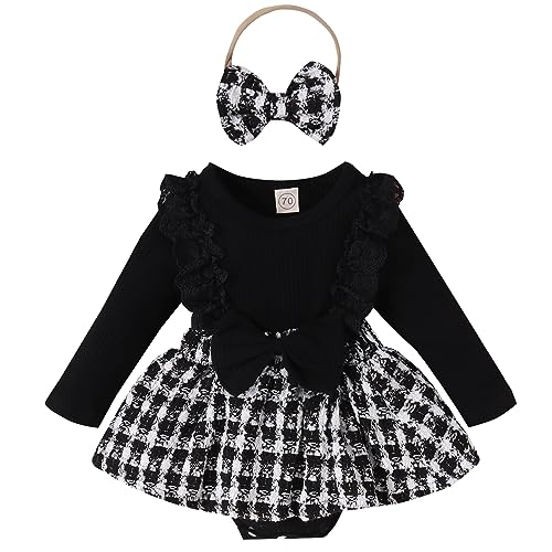 Mubineo Baby Girl Spring Fall Clothes Outfits Long Sleeve Lace Floral Romper Dress Newborn Outfit (Qbc Black White, 3-6 Months)