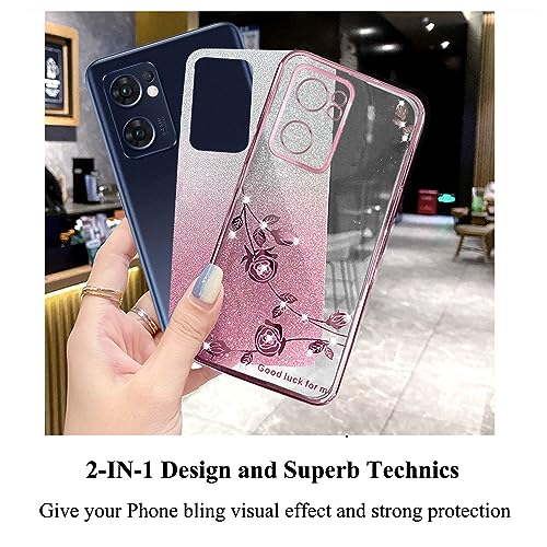 Kainevy for Oppo Reno 7 5G Case Glitter for Women Girls Pink Floral Clear Shockproof Protector Oppo Reno 7 5G Phone Case Luxury Diamond Bling Sparkle Cute Phone Cover Soft TPU (Pink)