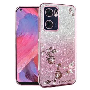kainevy for oppo reno 7 5g case glitter for women girls pink floral clear shockproof protector oppo reno 7 5g phone case luxury diamond bling sparkle cute phone cover soft tpu (pink)