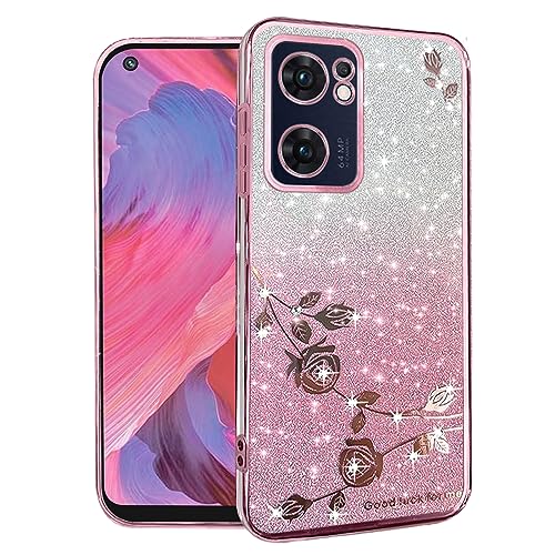 Kainevy for Oppo Reno 7 5G Case Glitter for Women Girls Pink Floral Clear Shockproof Protector Oppo Reno 7 5G Phone Case Luxury Diamond Bling Sparkle Cute Phone Cover Soft TPU (Pink)