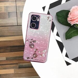 Kainevy for Oppo Reno 7 5G Case Glitter for Women Girls Pink Floral Clear Shockproof Protector Oppo Reno 7 5G Phone Case Luxury Diamond Bling Sparkle Cute Phone Cover Soft TPU (Pink)