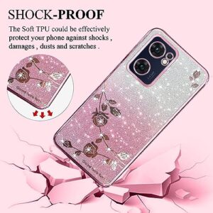 Kainevy for Oppo Reno 7 5G Case Glitter for Women Girls Pink Floral Clear Shockproof Protector Oppo Reno 7 5G Phone Case Luxury Diamond Bling Sparkle Cute Phone Cover Soft TPU (Pink)