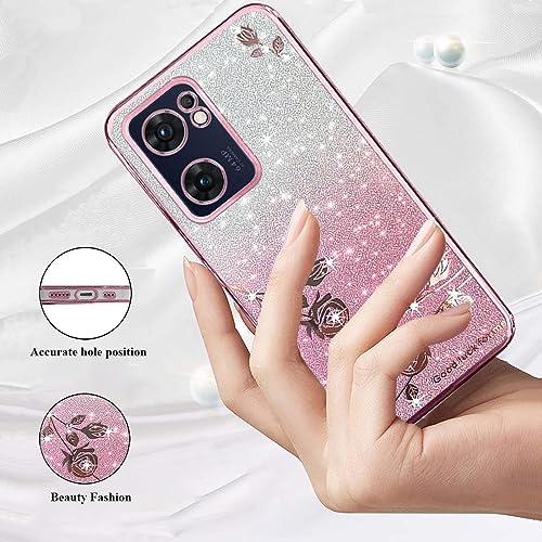 Kainevy for Oppo Reno 7 5G Case Glitter for Women Girls Pink Floral Clear Shockproof Protector Oppo Reno 7 5G Phone Case Luxury Diamond Bling Sparkle Cute Phone Cover Soft TPU (Pink)