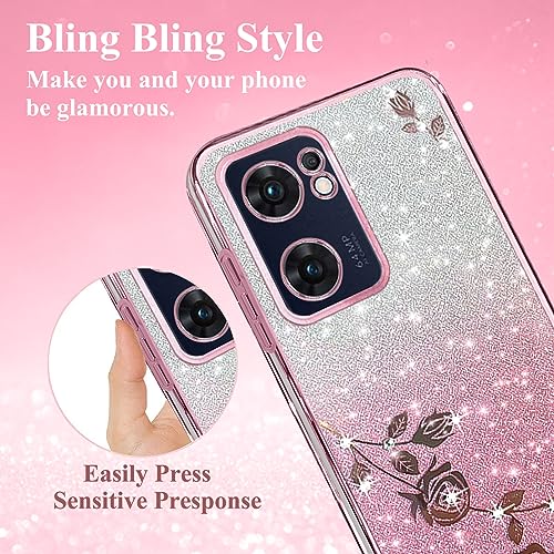 Kainevy for Oppo Reno 7 5G Case Glitter for Women Girls Pink Floral Clear Shockproof Protector Oppo Reno 7 5G Phone Case Luxury Diamond Bling Sparkle Cute Phone Cover Soft TPU (Pink)