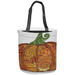 fubido thanksgiving print,large halloween tote bag,pumpkin with flowers paisley,reusable bag for trick or treating,grocery shopping and more,dark orange