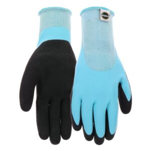 miracle-gro mg30604 water resistant grip gloves – [1 pair, small/medium] aqua, double dip flat latex gloves with elastic knit wrist (pack of 2)