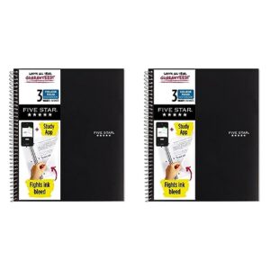 five star spiral notebook + study app, 3 subject, college ruled paper, fights ink bleed, water resistant cover, 8-1/2" x 11", 150 sheets, black (72069) (pack of 2)