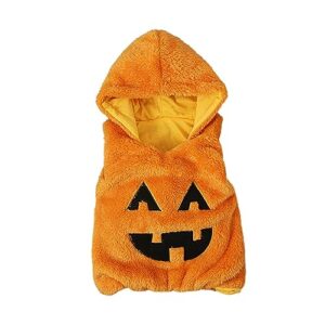 FreshBeautiCity Baby Pumpkin Costume Halloween Cartoon Print Fuzzy Sleeveless Hood Cosplay Clothes For Toddler Boys Girls