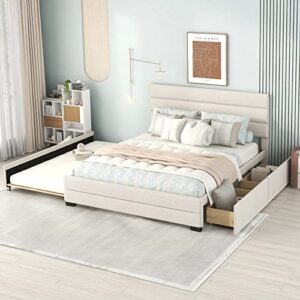 biadnbz queen size platform bed with trundle and two drawers, solid wood bedframe with upholstered headboard, for bedroom, beige