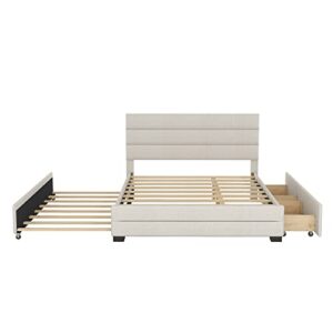 BIADNBZ Queen Size Platform Bed with Trundle and Two Drawers, Solid Wood Bedframe with Upholstered Headboard, for Bedroom, Beige