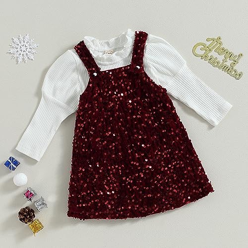 Zoiuytrg Toddler Baby Girl Fall Winter Clothes Ribbed Knitted Sweater Pullover Shirt Suspender Skirt Dress Christmas Outfits (White+Wine Red Sequin, 1-2 Years)