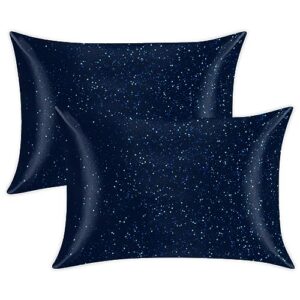 blue starry satin pillow cases silk satin pillowcase for hair and skin standard set of 2 super soft silk pillowcase with envelope closure (20x26 in)