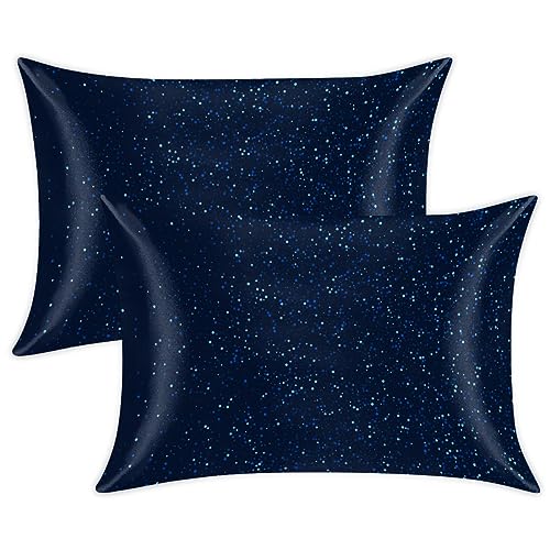 Blue Starry Satin Pillow Cases Silk Satin Pillowcase for Hair and Skin Standard Set of 2 Super Soft Silk Pillowcase with Envelope Closure (20x26 in)