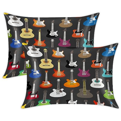 Music Pattern with Guitar Satin Pillow Cases Silk Satin Pillowcase for Hair and Skin Standard Set of 2 Super Soft Silk Pillowcase with Envelope Closure (20x26 in)