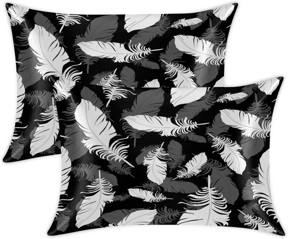 Bird Feather Pattern Satin Pillow Cases Silk Satin Pillowcase for Hair and Skin Standard Set of 2 Super Soft Silk Pillowcase with Envelope Closure (20x26 in)