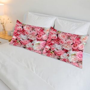 Flower Pink Roses Satin Pillow Cases Silk Satin Pillowcase for Hair and Skin Standard Set of 2 Super Soft Silk Pillowcase with Envelope Closure (20x26 in)