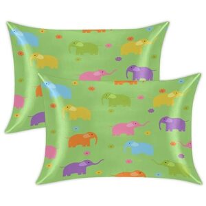 colorful elephant flowers satin pillow cases silk satin pillowcase for hair and skin standard set of 2 super soft silk pillowcase with envelope closure (20x26 in)