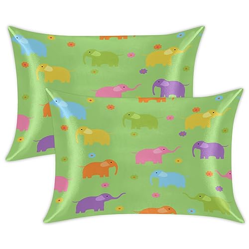 Colorful Elephant Flowers Satin Pillow Cases Silk Satin Pillowcase for Hair and Skin Standard Set of 2 Super Soft Silk Pillowcase with Envelope Closure (20x26 in)