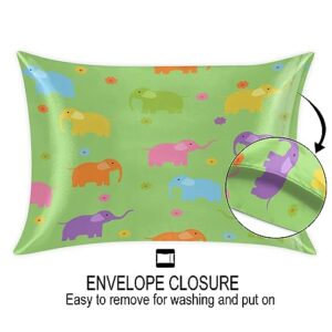 Colorful Elephant Flowers Satin Pillow Cases Silk Satin Pillowcase for Hair and Skin Standard Set of 2 Super Soft Silk Pillowcase with Envelope Closure (20x26 in)