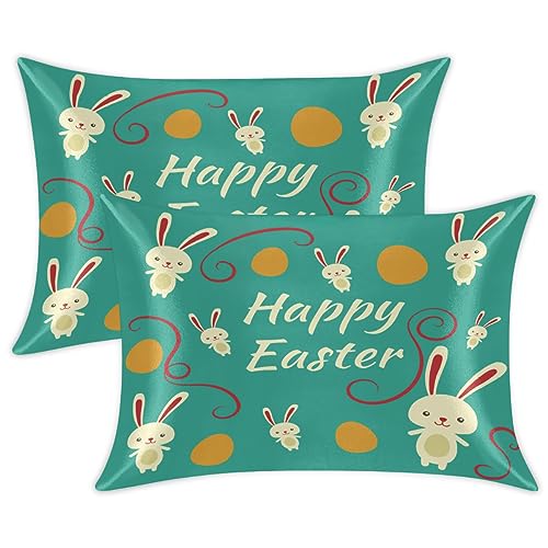 Bunny Happy Easter Satin Pillow Cases Silk Satin Pillowcase for Hair and Skin Standard Set of 2 Super Soft Silk Pillowcase with Envelope Closure (20x26 in)