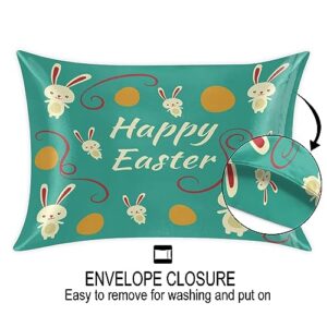 Bunny Happy Easter Satin Pillow Cases Silk Satin Pillowcase for Hair and Skin Standard Set of 2 Super Soft Silk Pillowcase with Envelope Closure (20x26 in)