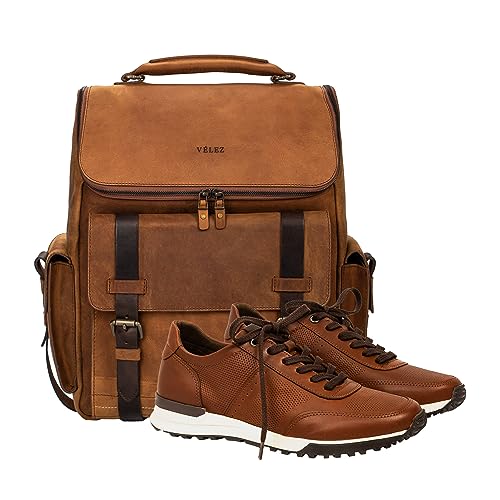 VELEZ 11 Mens Brown Business Casual Sneakers + Top Grain Leather Backpack for Men Brown Designer Bookbag Business Casual Shoulder Bag