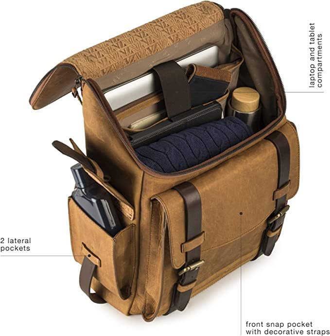 VELEZ 11 Mens Brown Business Casual Sneakers + Top Grain Leather Backpack for Men Brown Designer Bookbag Business Casual Shoulder Bag