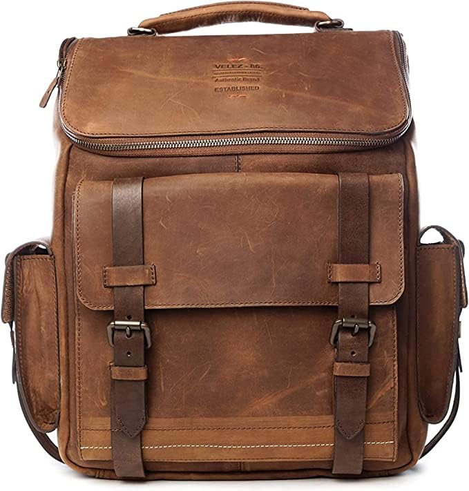 VELEZ 11 Mens Brown Business Casual Sneakers + Top Grain Leather Backpack for Men Brown Designer Bookbag Business Casual Shoulder Bag