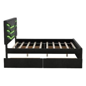 SIYSNKSI Queen Size Upholstered Platform Bed with 4 Drawers, Storage Platform Bed with LED and USB Charging for Kids Teens Adults Bedroom (Black-004A)